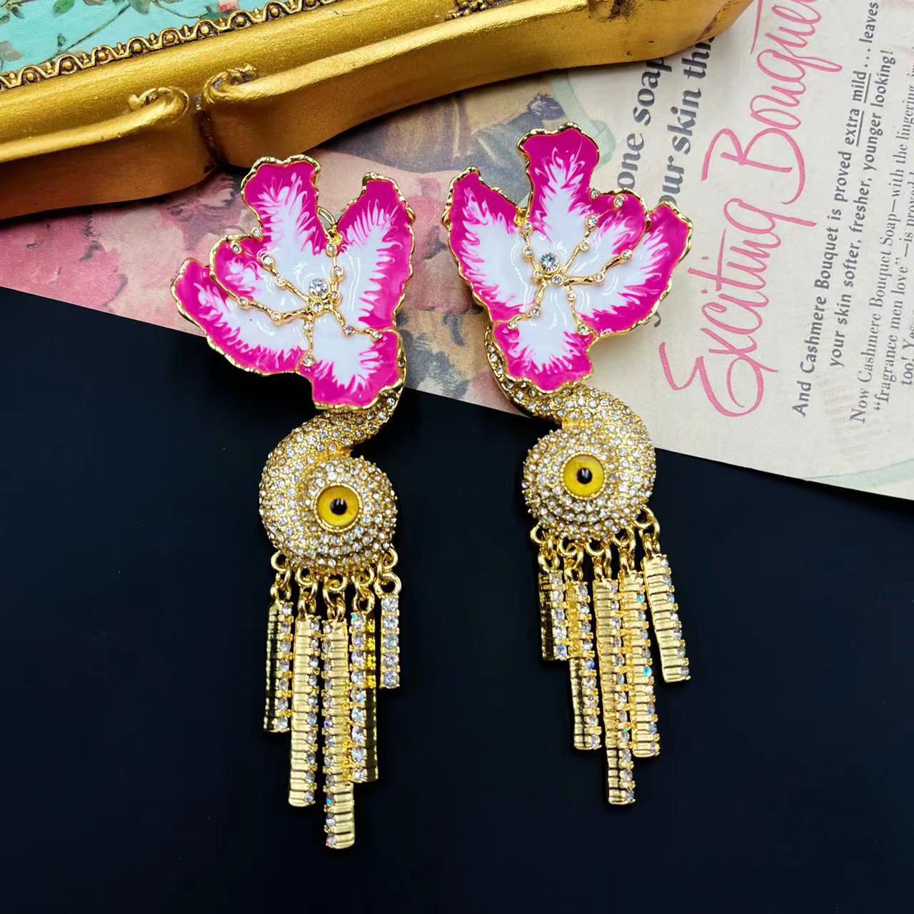 Pink Pansies Curtain Earrings