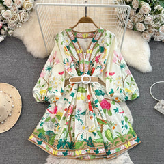 Flower Print Lantern Sleeves V-Neck A-Line Dress - Final Sale