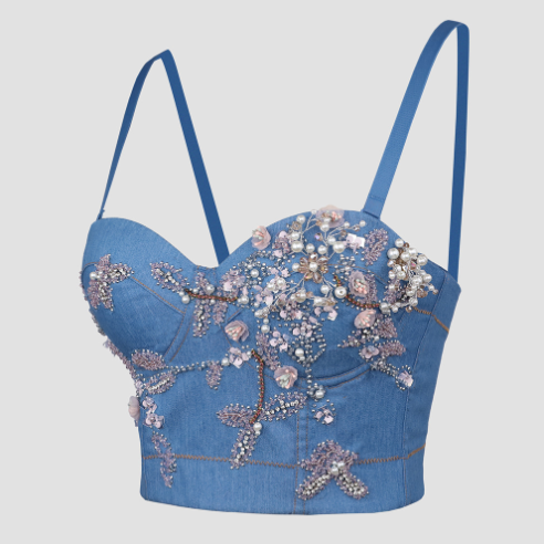 Floral Denim Beaded Corset Top - Final Sale