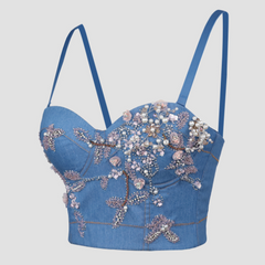 Floral Denim Beaded Corset Top - Final Sale