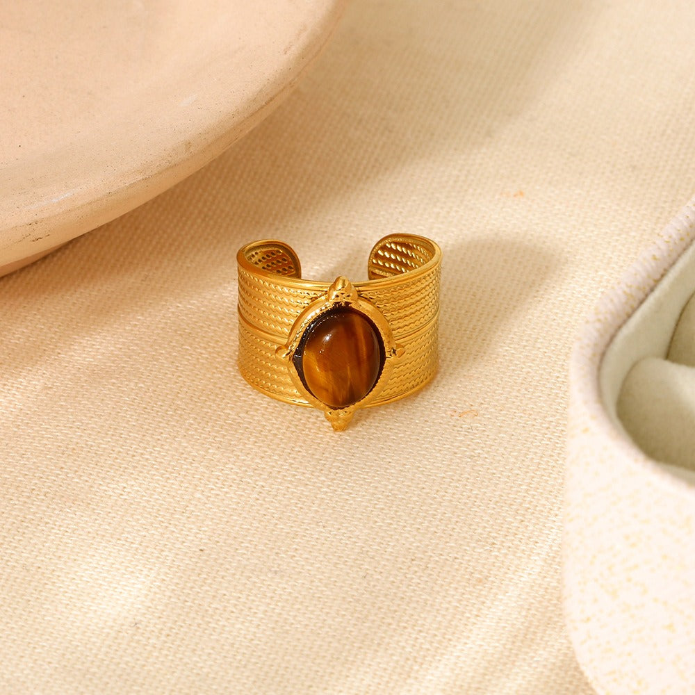 Pre Order:  Retro Gold-Plated Tiger Eye Marble C-Shaped Open Ring