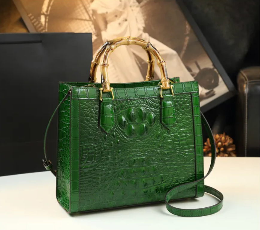 Bamboo Handle Faux Crocodile Bag