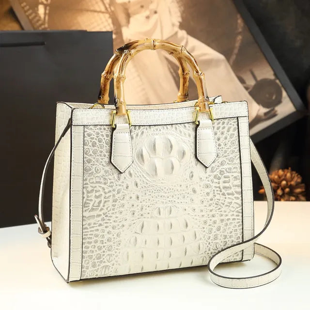 Bamboo Handle Faux Crocodile Bag