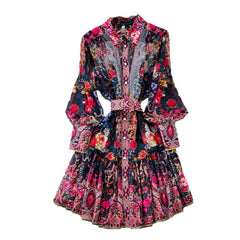 Floral Lantern Sleeves Belted A-Line Dress - Final Sale