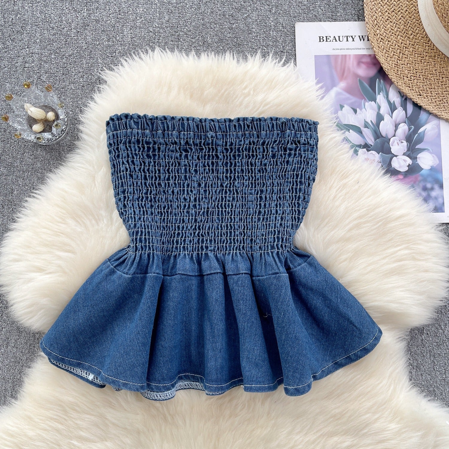 Elastic Denim Ruffle Tube Top - Final Sale