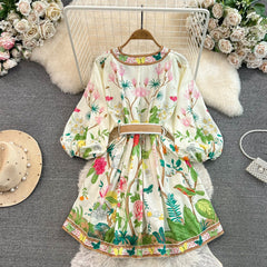 Flower Print Lantern Sleeves V-Neck A-Line Dress - Final Sale