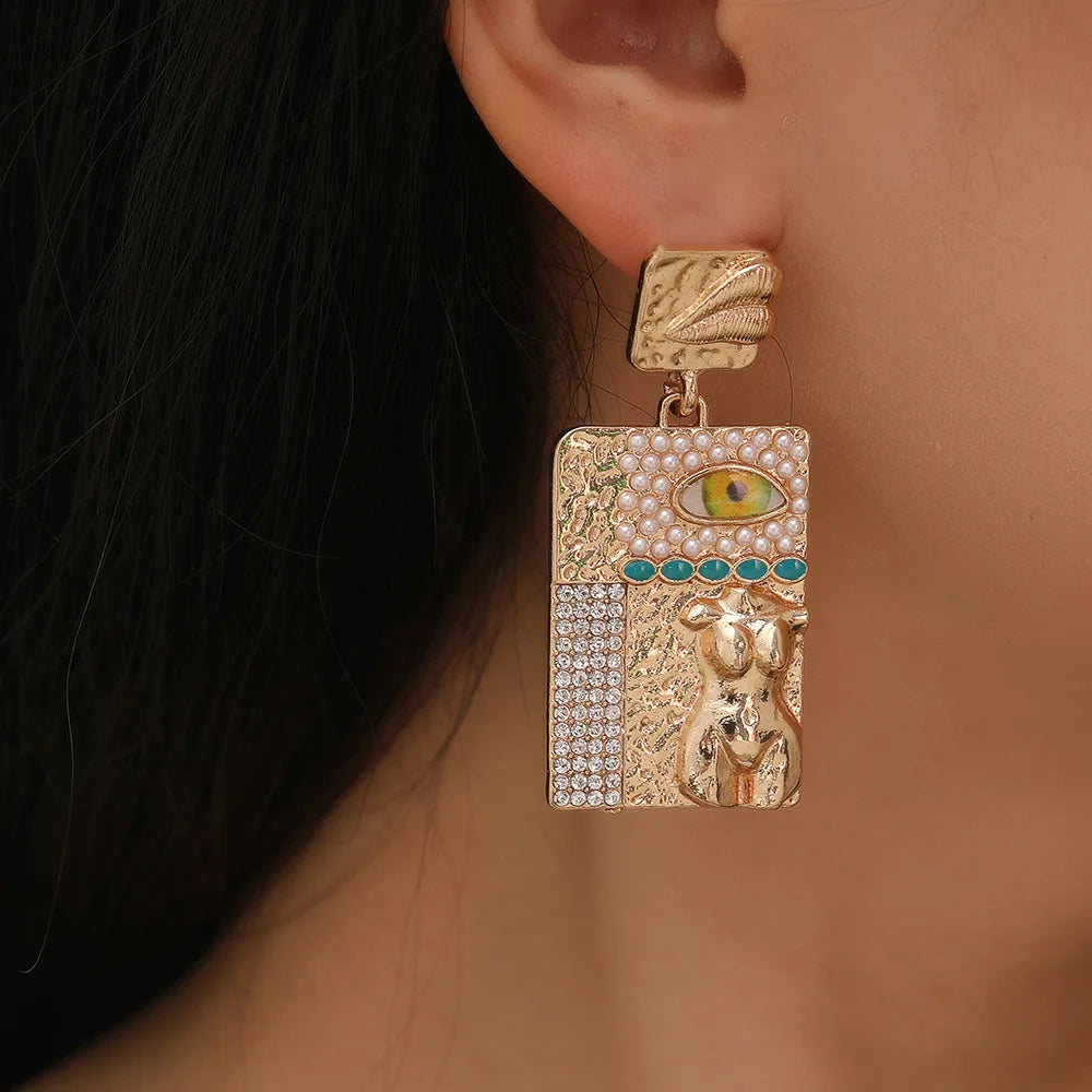 Gold Geometric Square Human Earrings