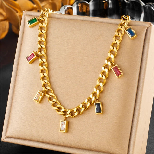 Multicolor Charms Chain Link Necklace