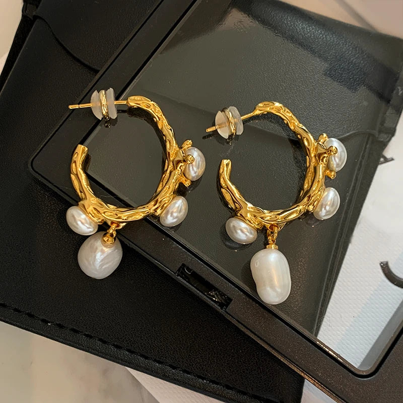 Faux Pearls Pendant Hoop Earrings