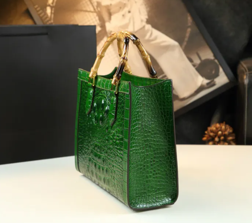 Bamboo Handle Faux Crocodile Bag