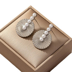 Pearl Round Fan Shaped Stainless Steel Earrings