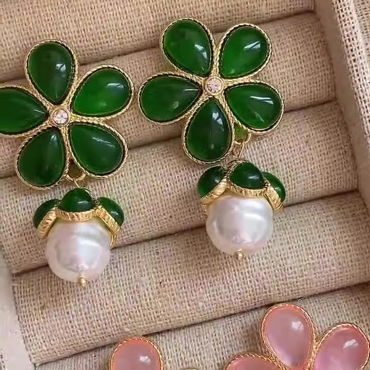 Glass Flower Pearl Earrings