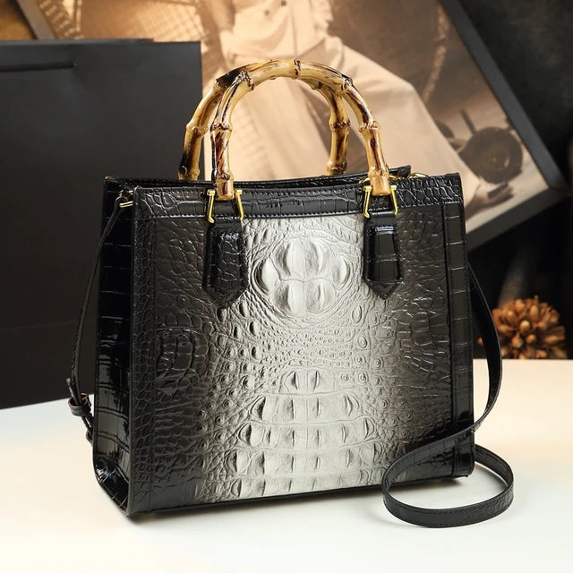 Bamboo Handle Faux Crocodile Bag