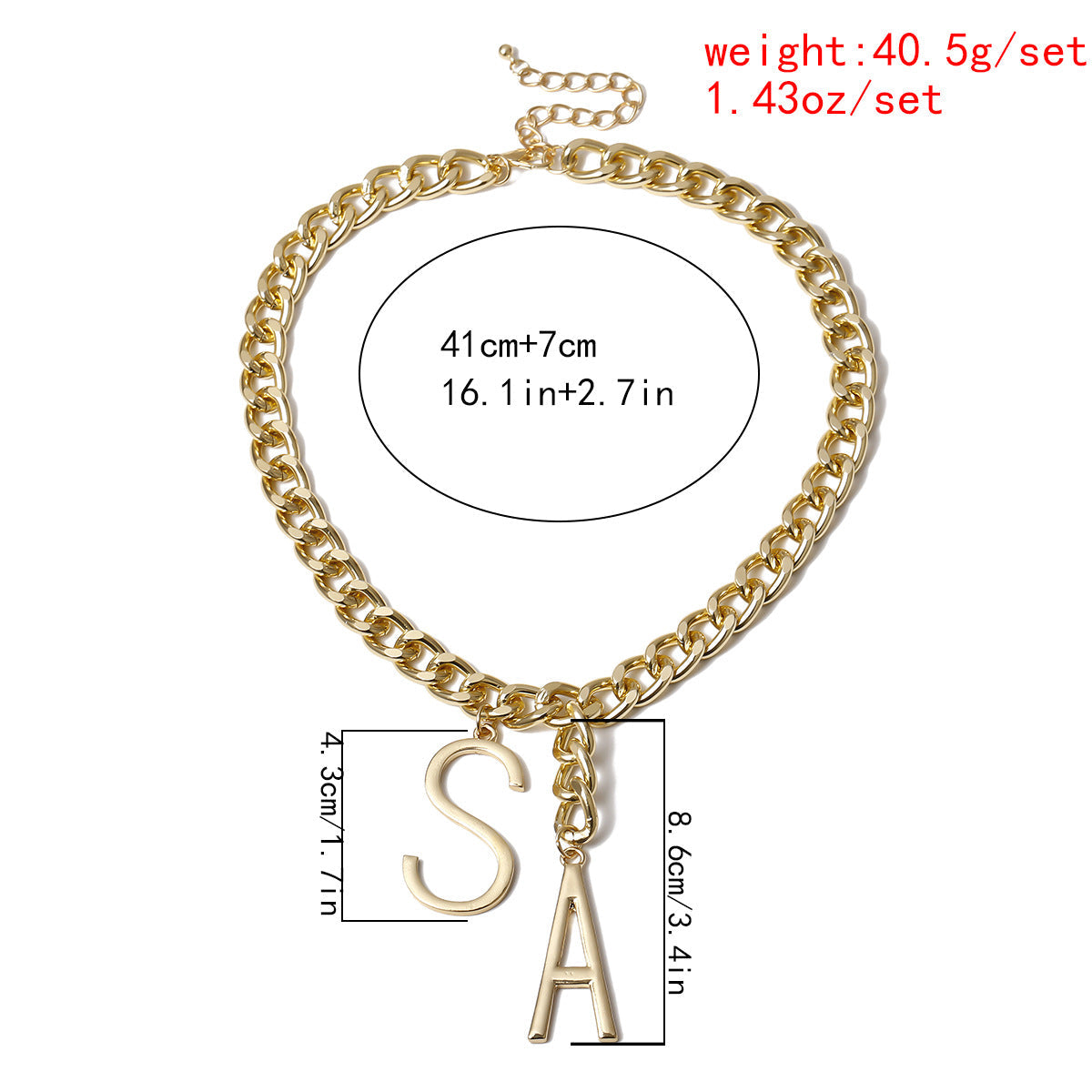 S-A Letter Pendant Chain Necklace