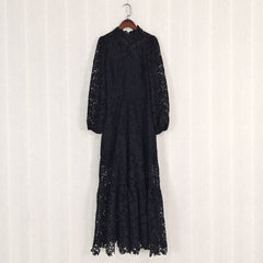 Hollow Out Embroidery Lantern Sleeve Maxi Dress - Final Sale