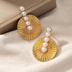 Pearl Round Fan Shaped Stainless Steel Earrings