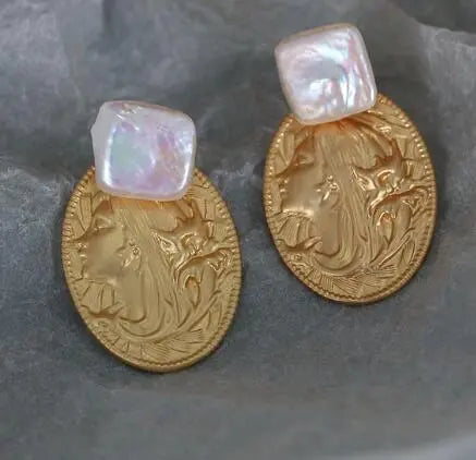 Embossed Coin Pearl Earrings