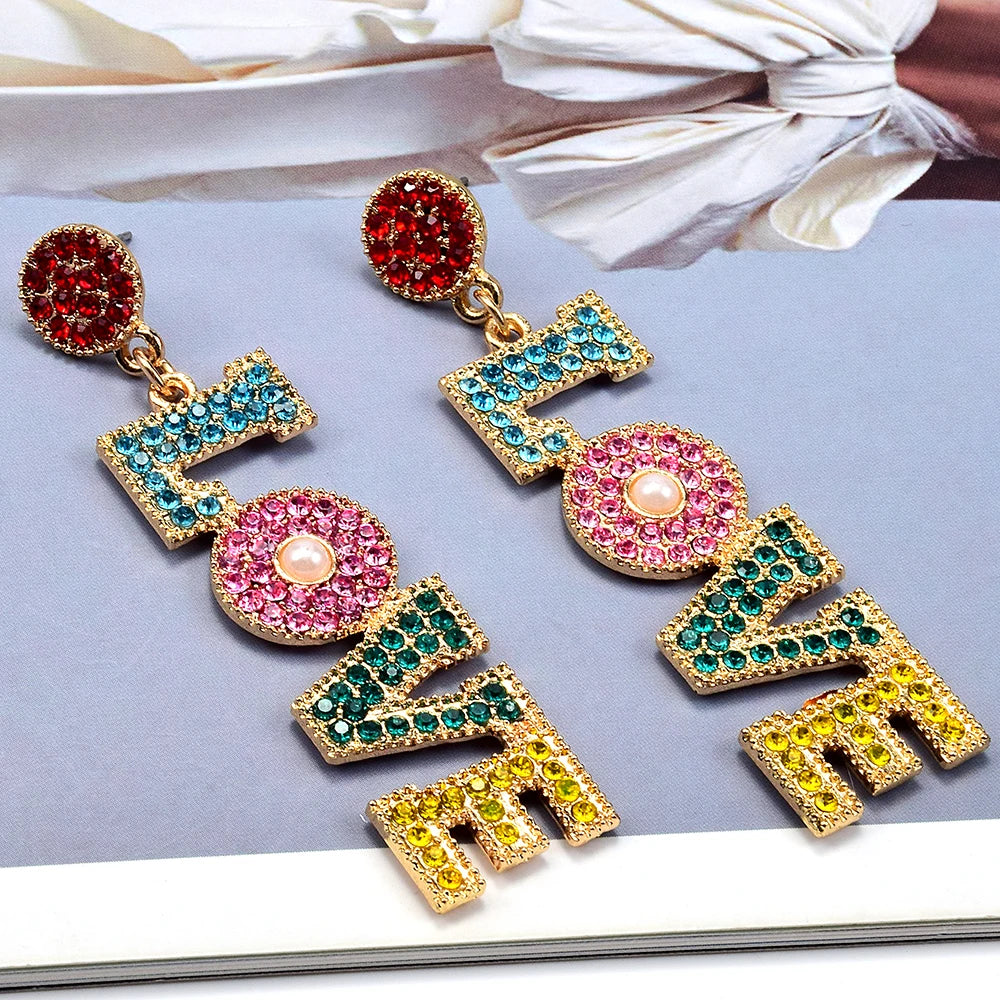 LOVE Multicolor Rhinestones Dangle Earrings