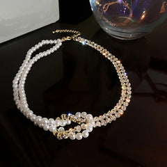 Pearl Short Chain Rhinestone Choker Necklace