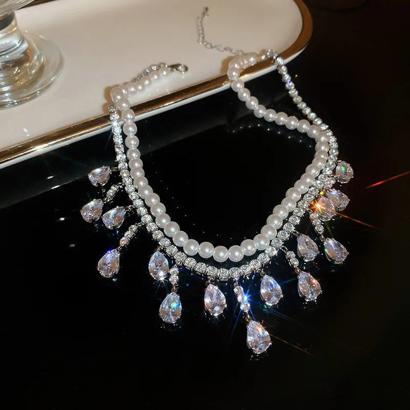 Water Drop Zircon Rhinestone Pearl Choker Necklace