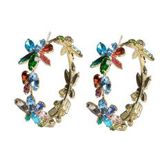 Exaggerated Rhinestone Flowers Hoop Earrings