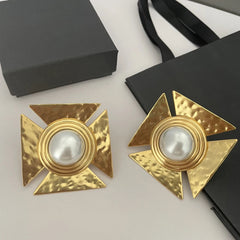 24KGold-Plated Pearl Large Square Clip Earrings