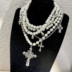 Rose Cross Faux Pearls Necklace