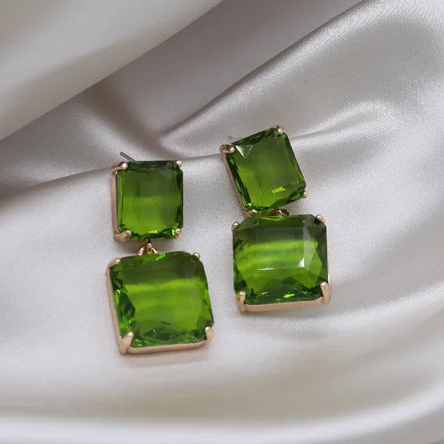 Double Square Crystal Pendant Drop Earrings