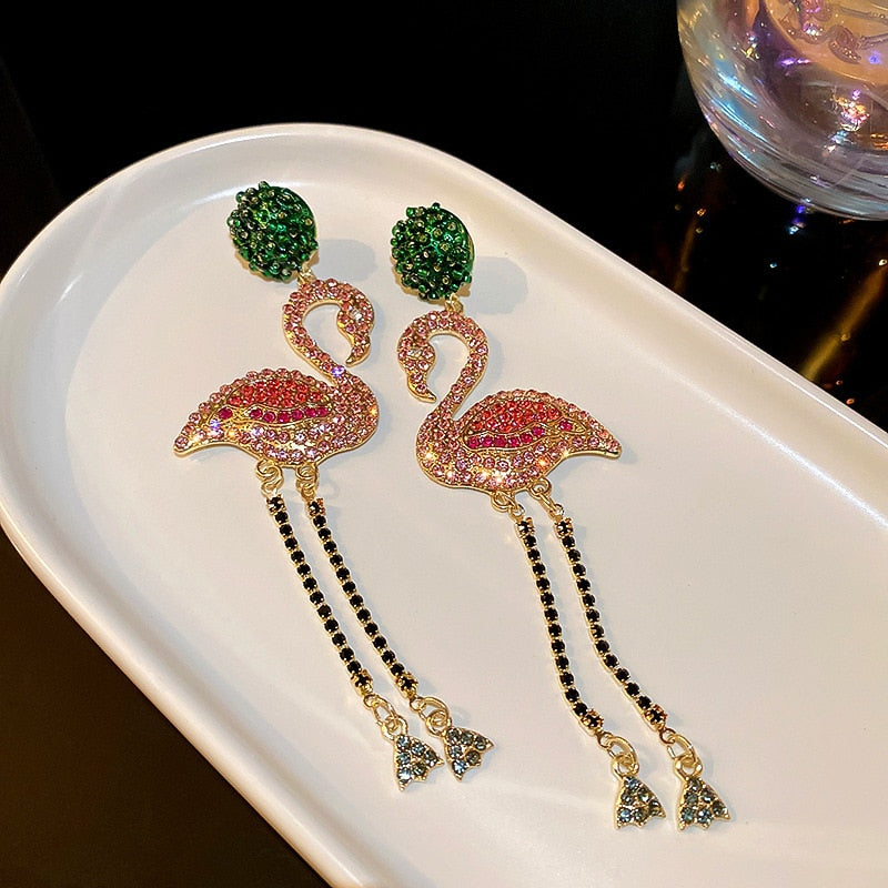 Flamingo Rhinestones Embellished Dangle Earrings