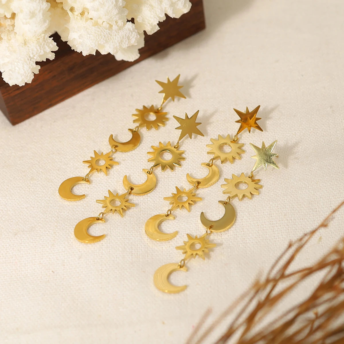 Long Drop Star Moon Charms Stainless Earrings