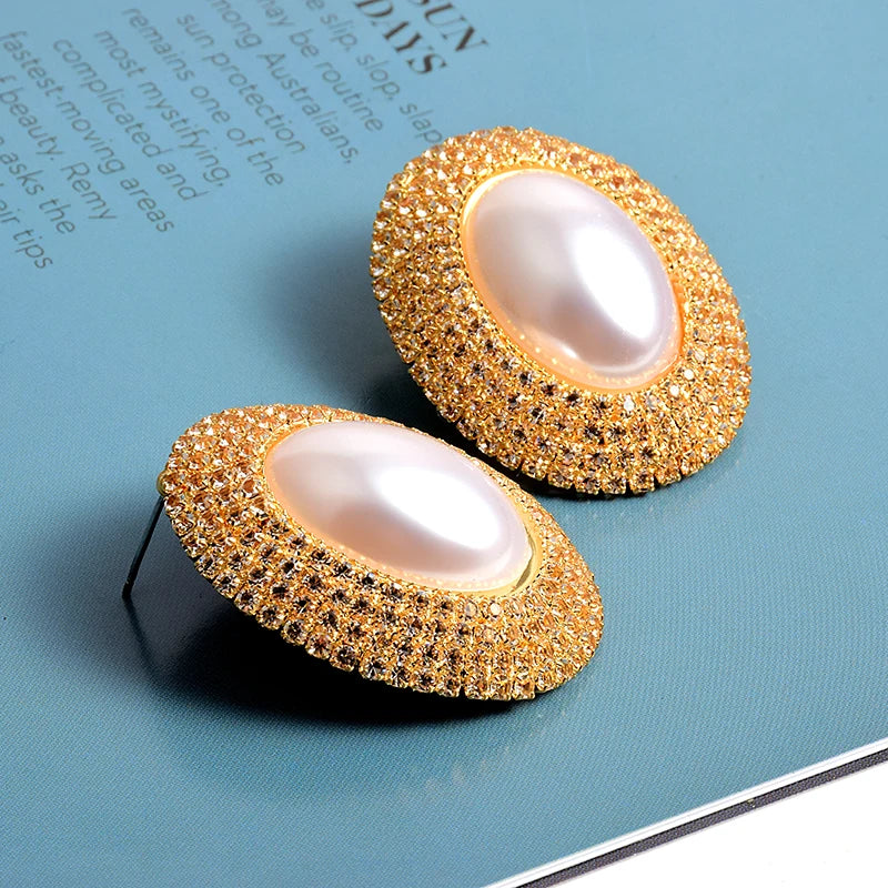 Rhinestones Oval Faux Pearl Earrings