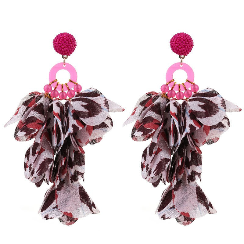 Fabric Petals Dangling Beaded Earrings