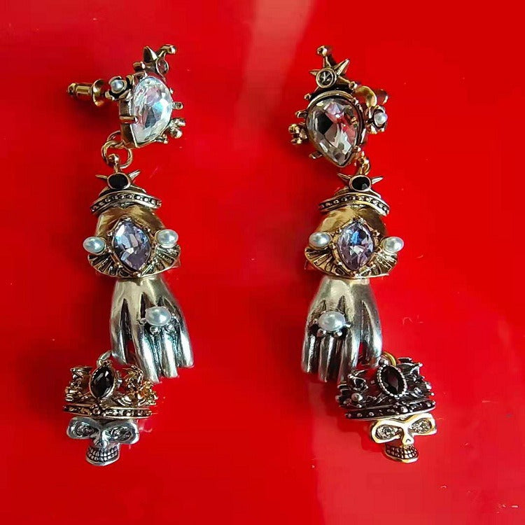 Jeweled Hand Brass Dangling Earrings