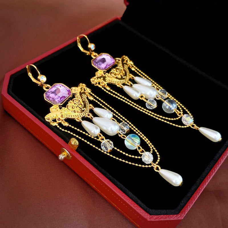 French Palace Pearl Rhinestones Drop Earrings