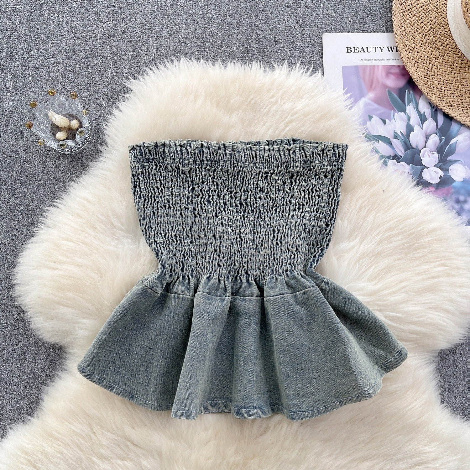 Elastic Denim Ruffle Tube Top - Final Sale