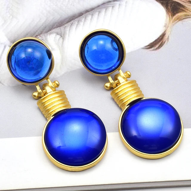 Round Colored Gems Drop Earrings