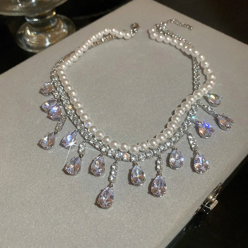 Water Drop Zircon Rhinestone Pearl Choker Necklace