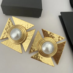 24KGold-Plated Pearl Large Square Clip Earrings