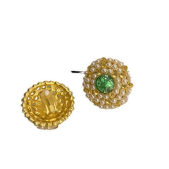 Large Round Pearl Green Stone Earrings