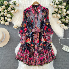 Floral Lantern Sleeves Belted A-Line Dress - Final Sale