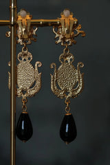 Vintage Black Agate Prince Head Dangle Earrings