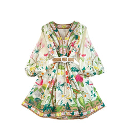 Flower Print Lantern Sleeves V-Neck A-Line Dress - Final Sale