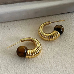 Brown Stone Textured Hook Earrings