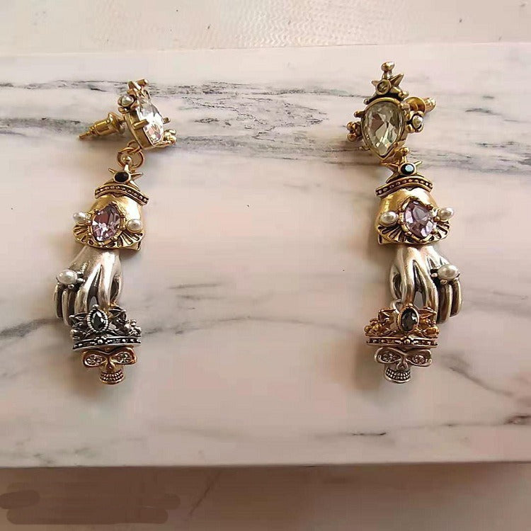 Jeweled Hand Brass Dangling Earrings