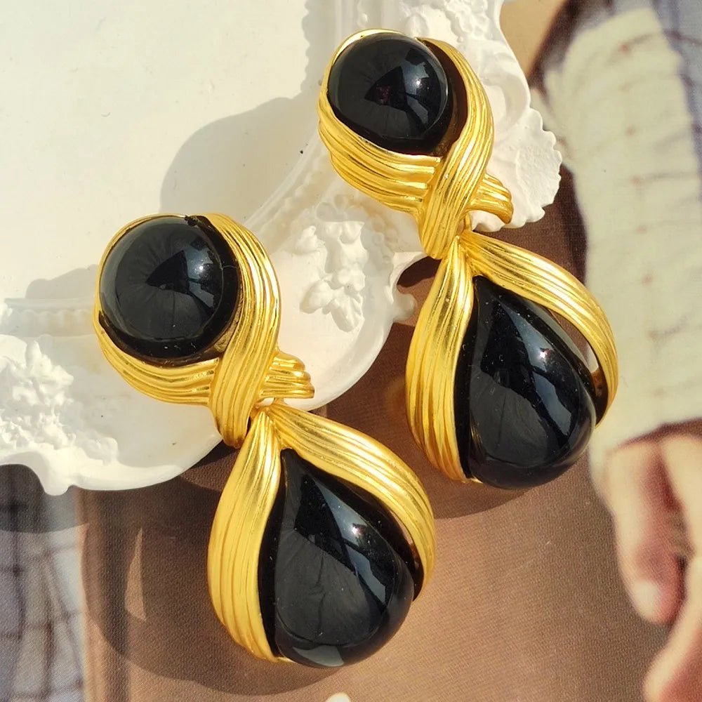 Black Gem Twist Drop Earrings