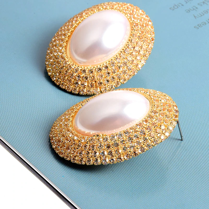 Rhinestones Oval Faux Pearl Earrings