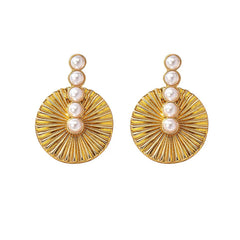 Pearl Round Fan Shaped Stainless Steel Earrings