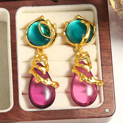 Green Purple Leaf Drop Earrings