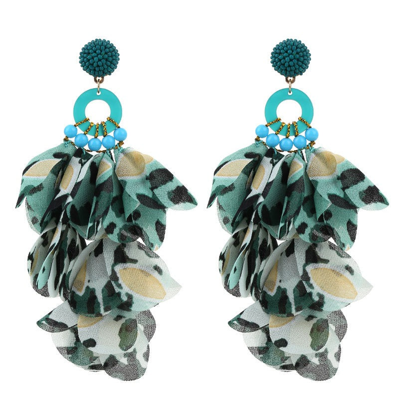 Fabric Petals Dangling Beaded Earrings