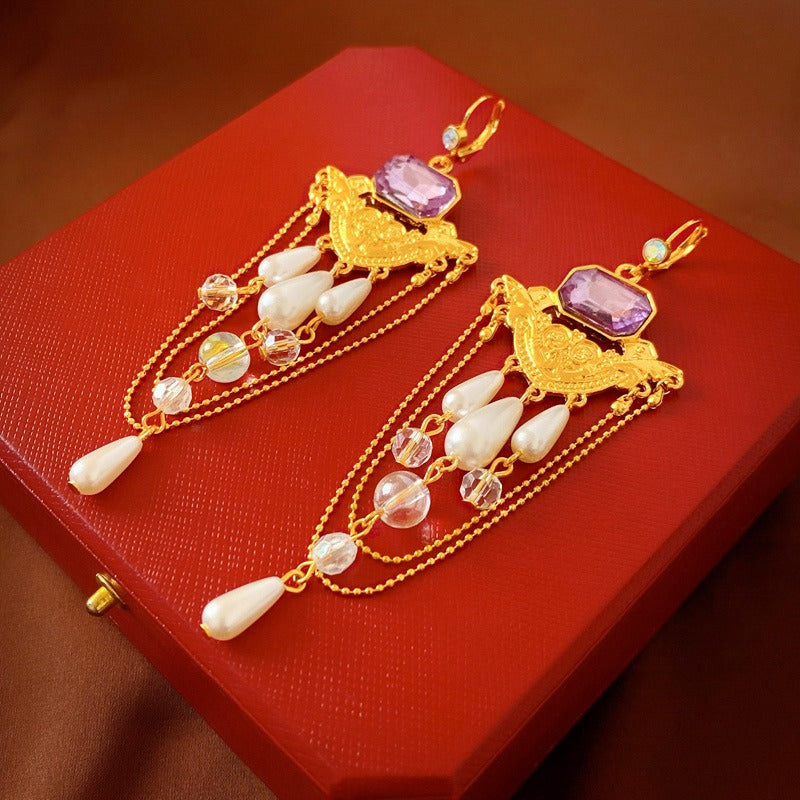 French Palace Pearl Rhinestones Drop Earrings